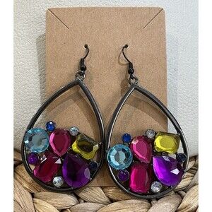 Vintage Gunmetal Jewel Tone Faux Rhinestone Dangle Rainbow Earrings Mob Wife